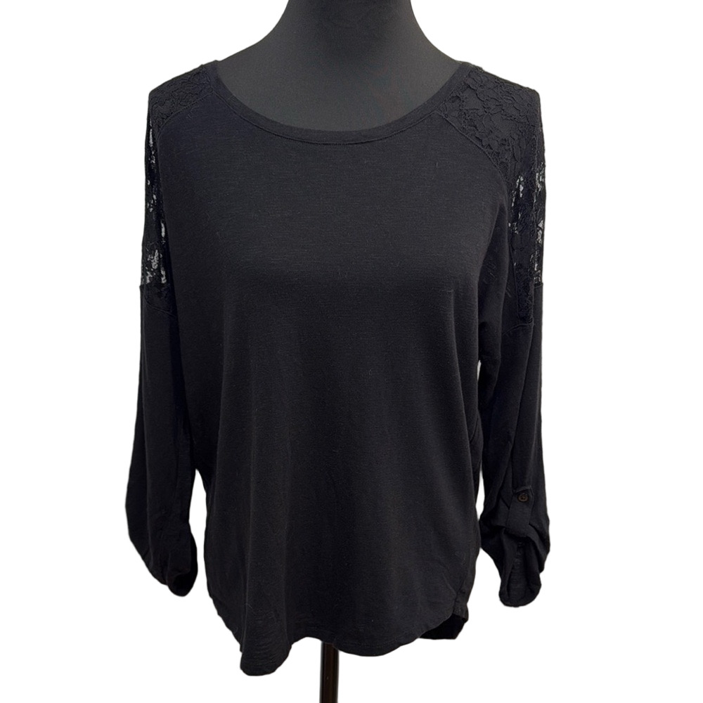 Bobbie Brooks Black top with Lace Accents. Monochrome Comfy